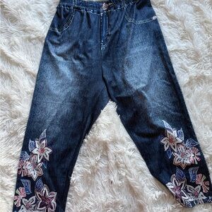 Denim Print Floral Leggings Elastic Waist Capri Pants Size M